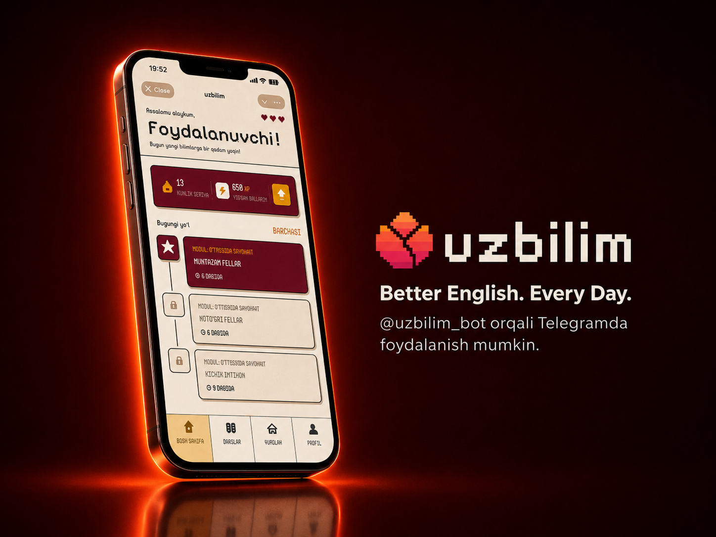 Uzbilim Telegram mini ilovasi bosh ekrani: kunlik seriya, XP va bugungi dars yo'li
